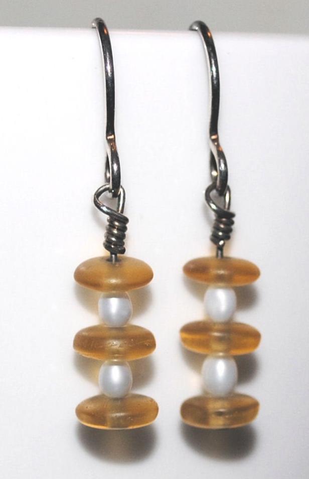 White Freshwater Pearl and Pale Yellow Frosted Czech Glass Dangle Earrings