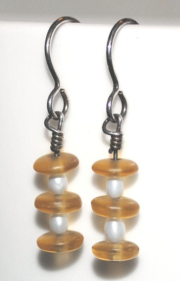 White Freshwater Pearl and Pale Yellow Frosted Czech Glass Dangle Earrings
