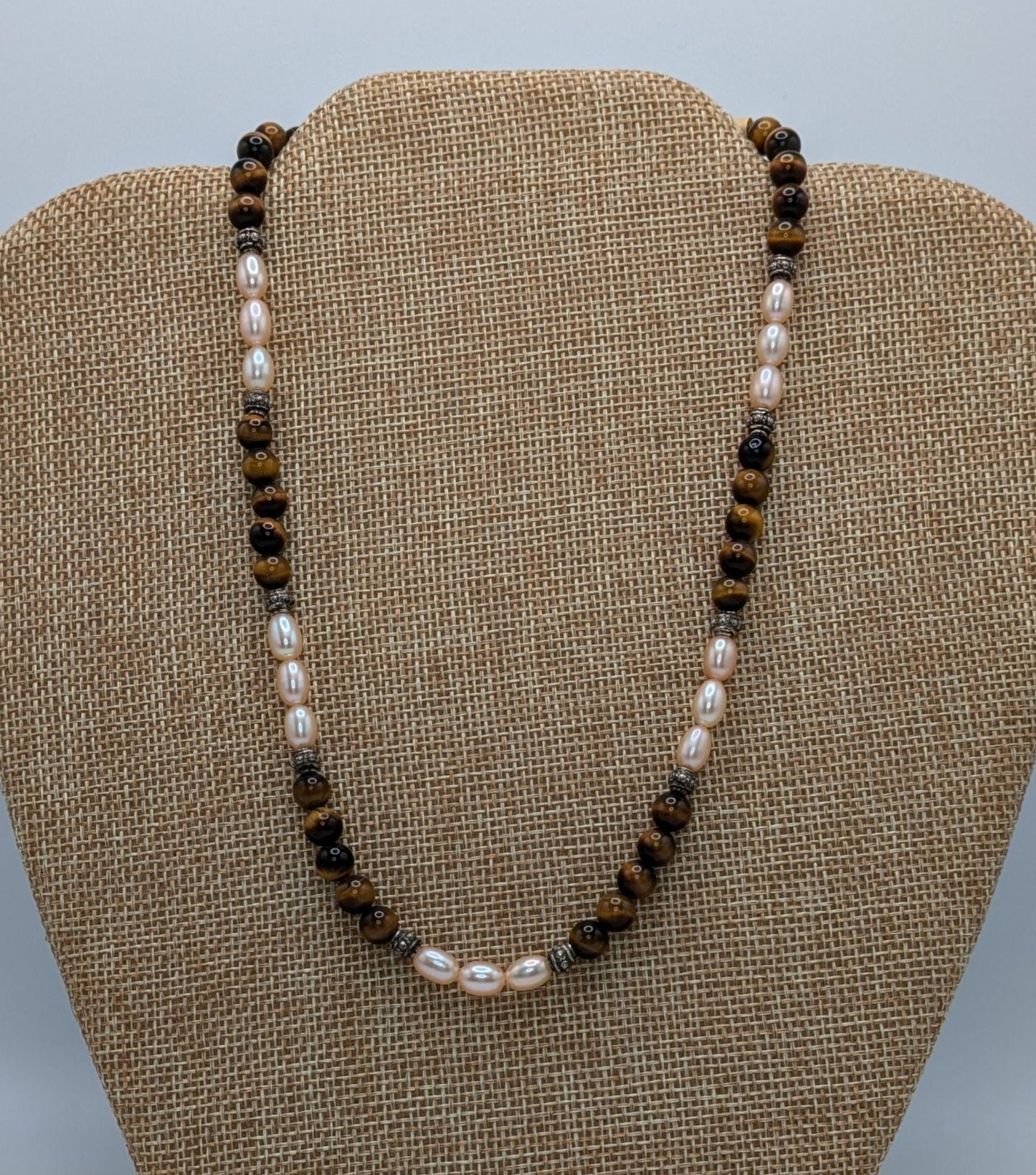 Champagne Freshwater Pearls and Tiger's Eye Necklace with Sterling Silver Bali Beads