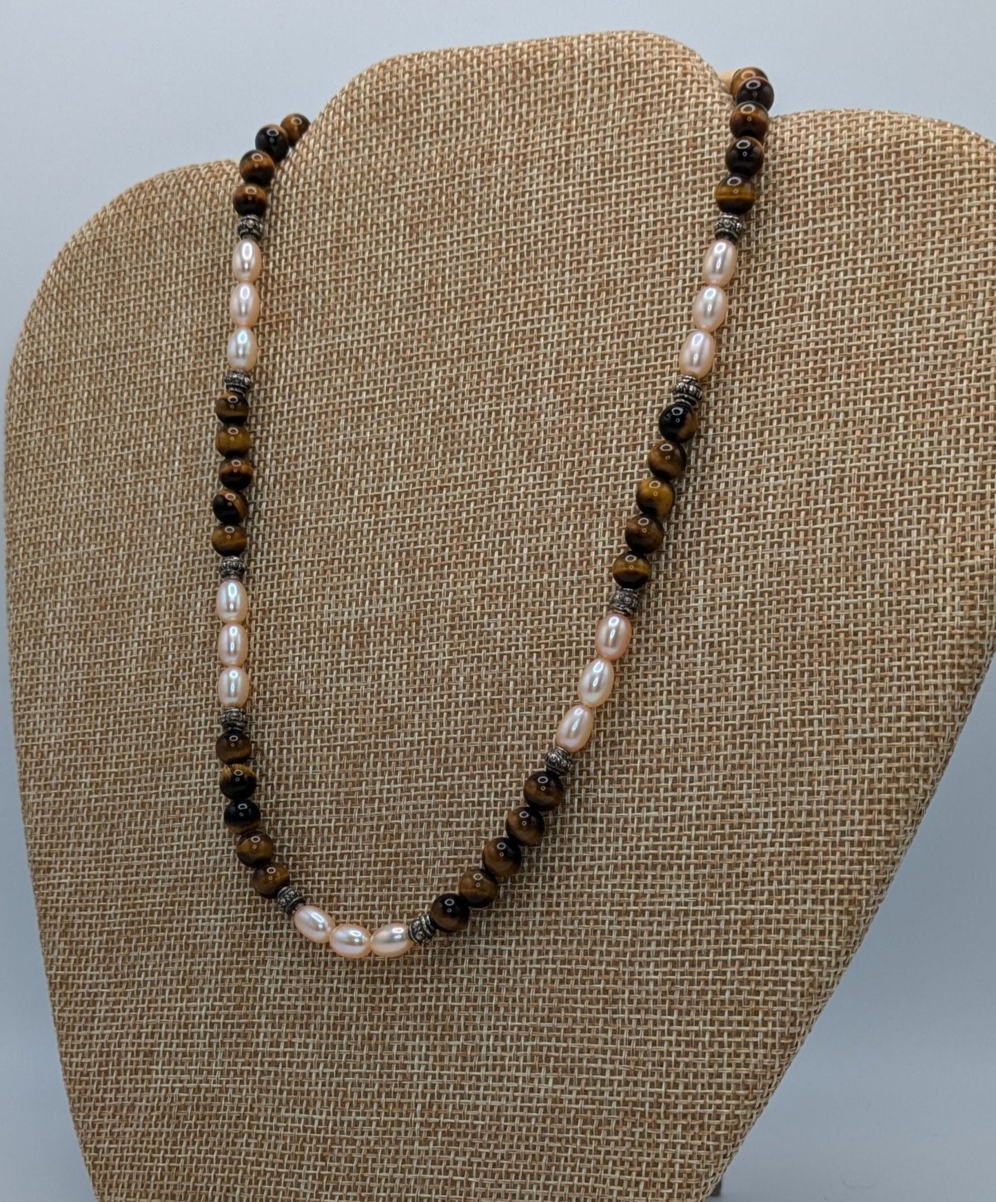 Champagne Freshwater Pearls and Tiger's Eye Necklace with Sterling Silver Bali Beads