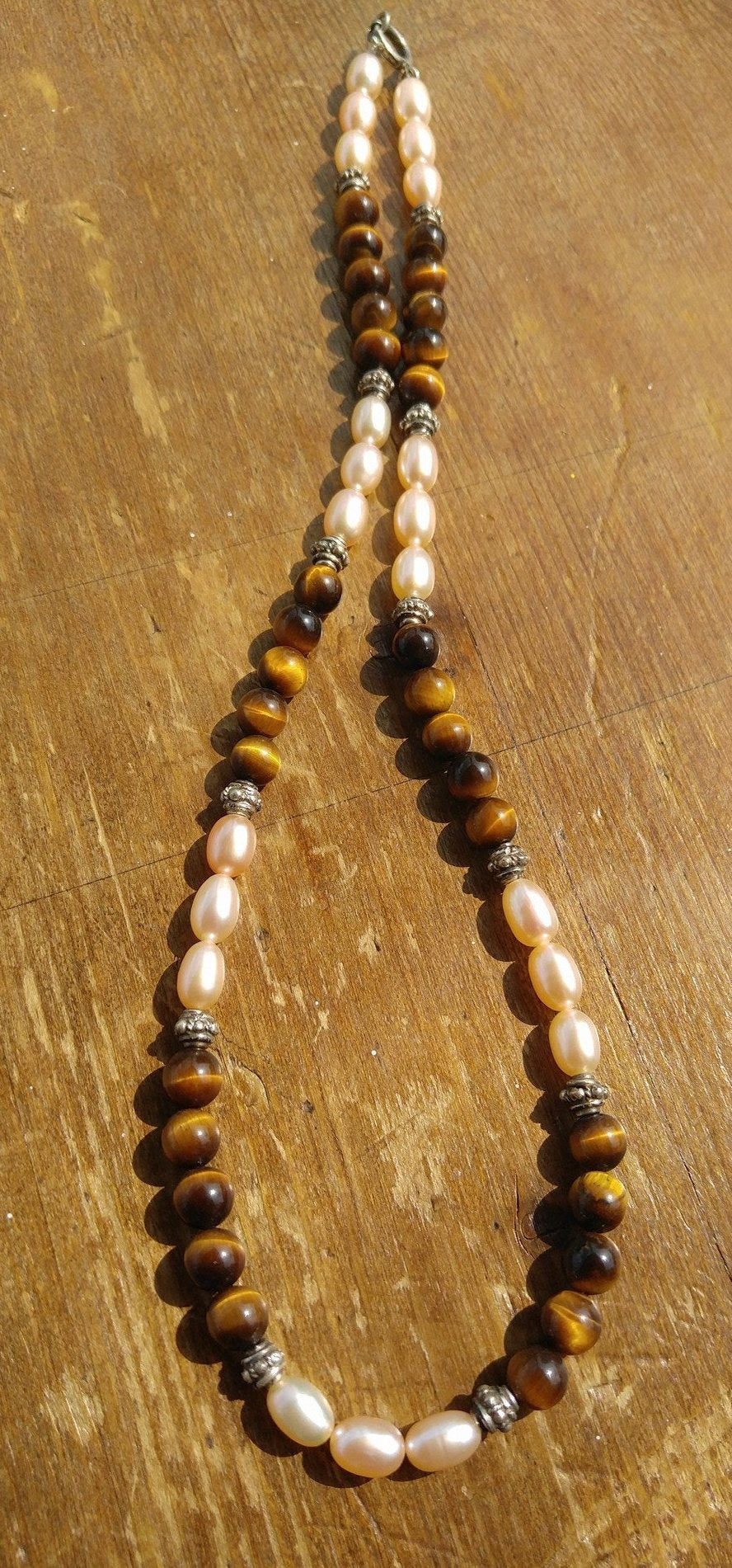 Champagne Freshwater Pearls and Tiger's Eye Necklace with Sterling Silver Bali Beads