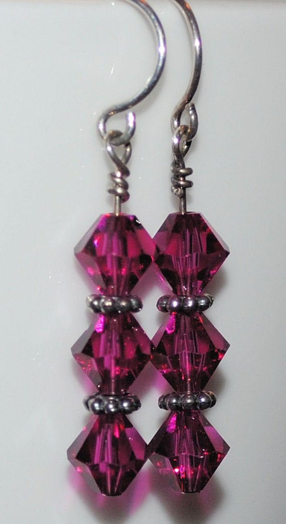 Fuchsia Swarovski Crystal Earrings with Sterling Silver Bali Beads