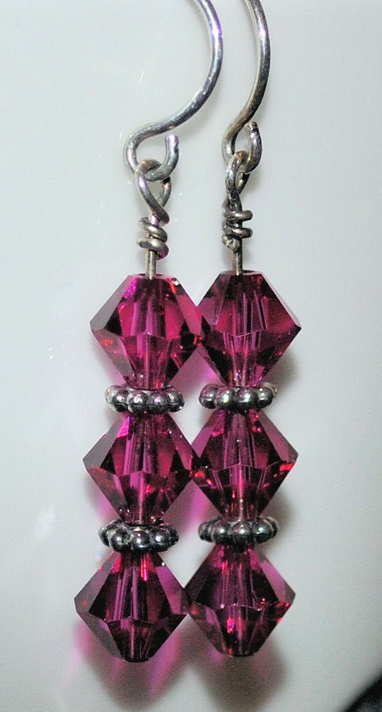 Fuchsia Swarovski Crystal Earrings with Sterling Silver Bali Beads