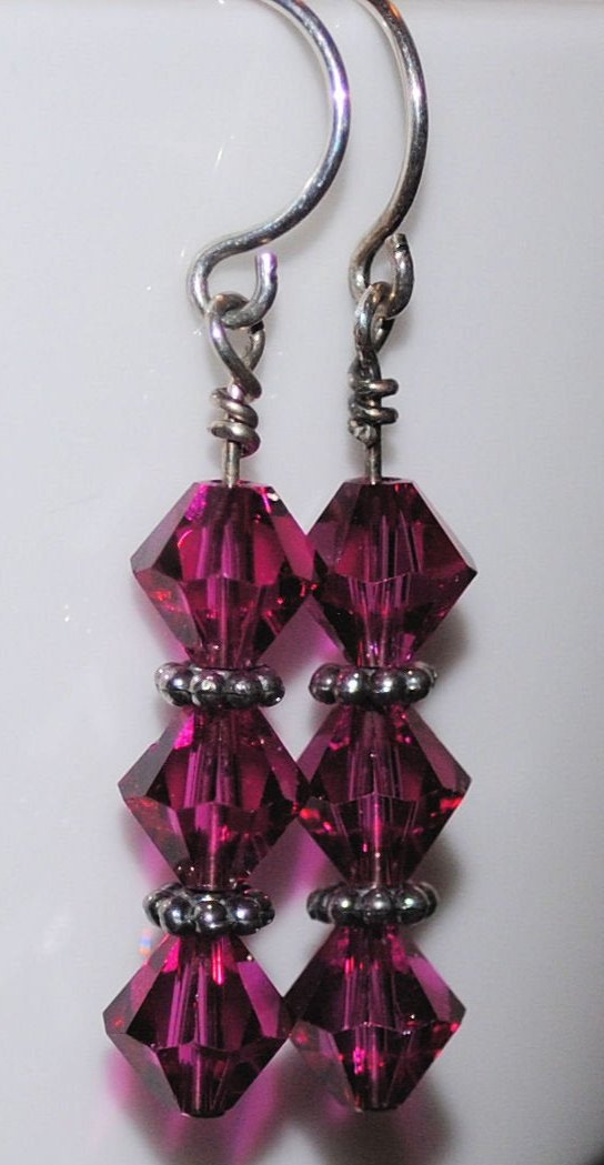 Fuchsia Swarovski Crystal Earrings with Sterling Silver Bali Beads