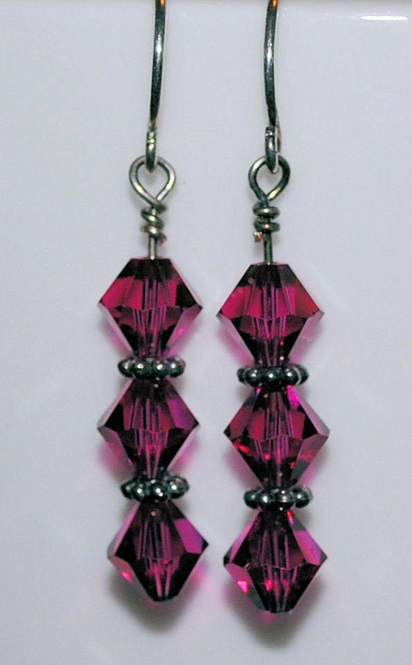 Fuchsia Swarovski Crystal Earrings with Sterling Silver Bali Beads