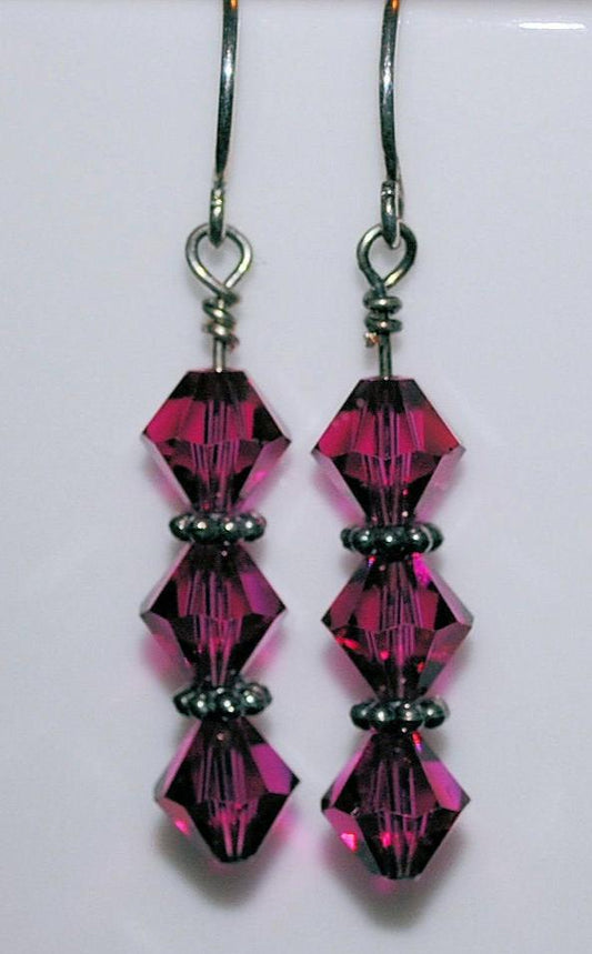 Fuchsia Swarovski Crystal Earrings with Sterling Silver Bali Beads