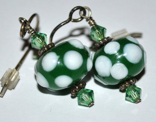 Green and White Polka Dot Lampwork Earrings