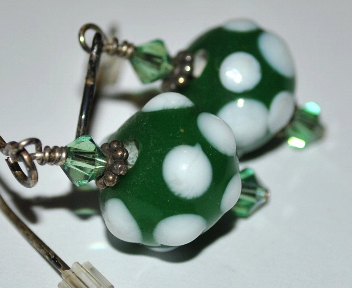 Green and White Polka Dot Lampwork Earrings