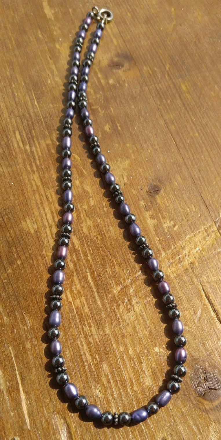 Hematite and Blue Freshwater Pearl Necklace with Sterling Silver Bail Beads
