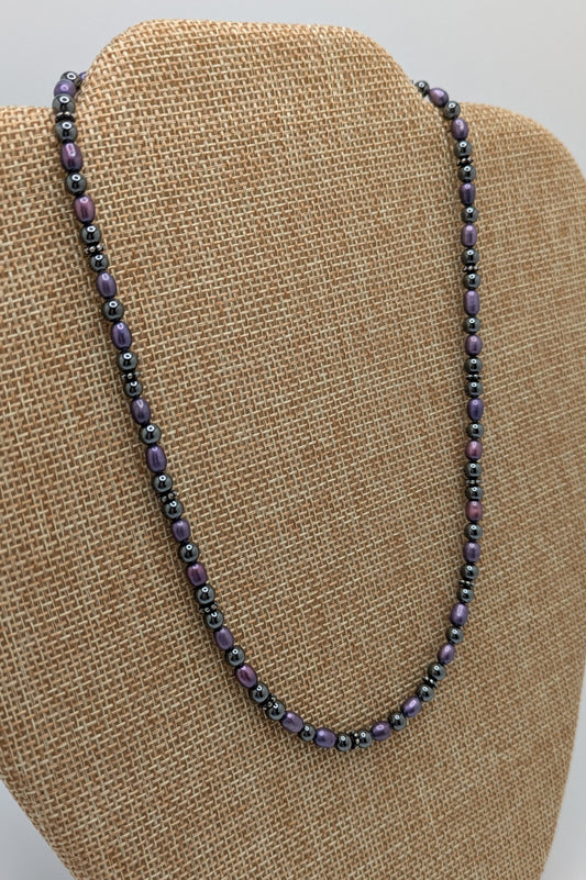 Hematite and Blue Freshwater Pearl Necklace with Sterling Silver Bail Beads