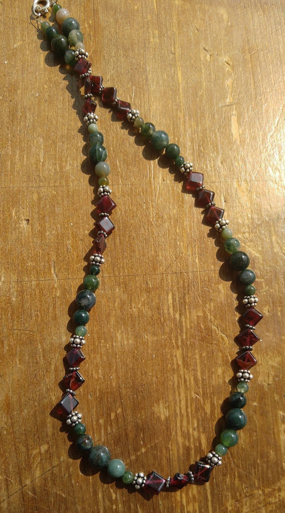 Moss Agate and Garnet Necklace with Sterling Silver Bali Beads
