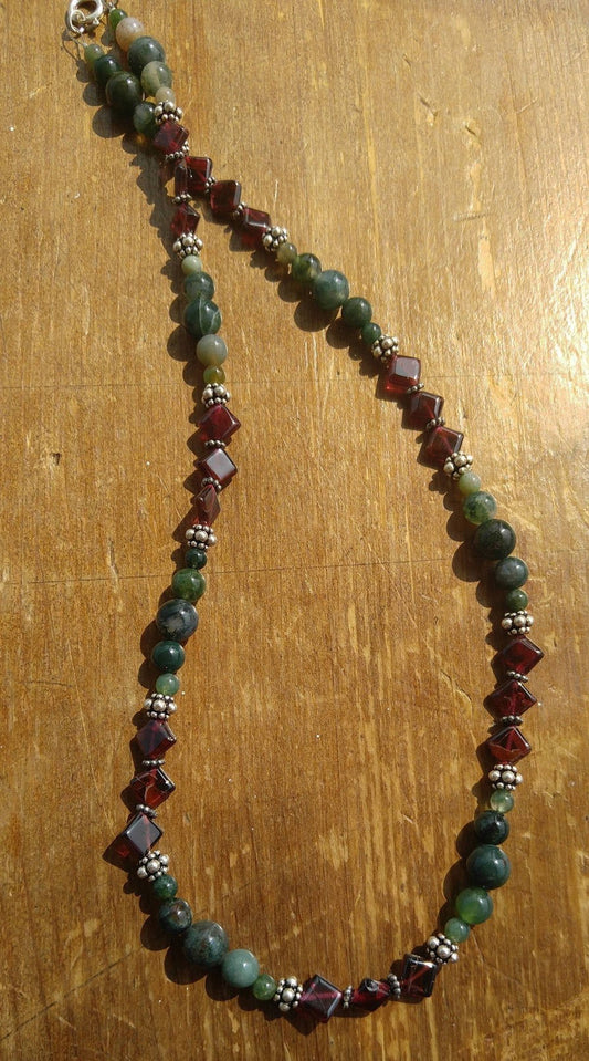 Moss Agate and Garnet Necklace with Sterling Silver Bali Beads