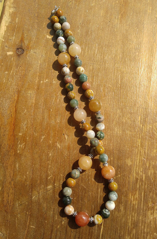 Ocean Agate and Carnelian Necklace with Sterling Silver Bali Beads