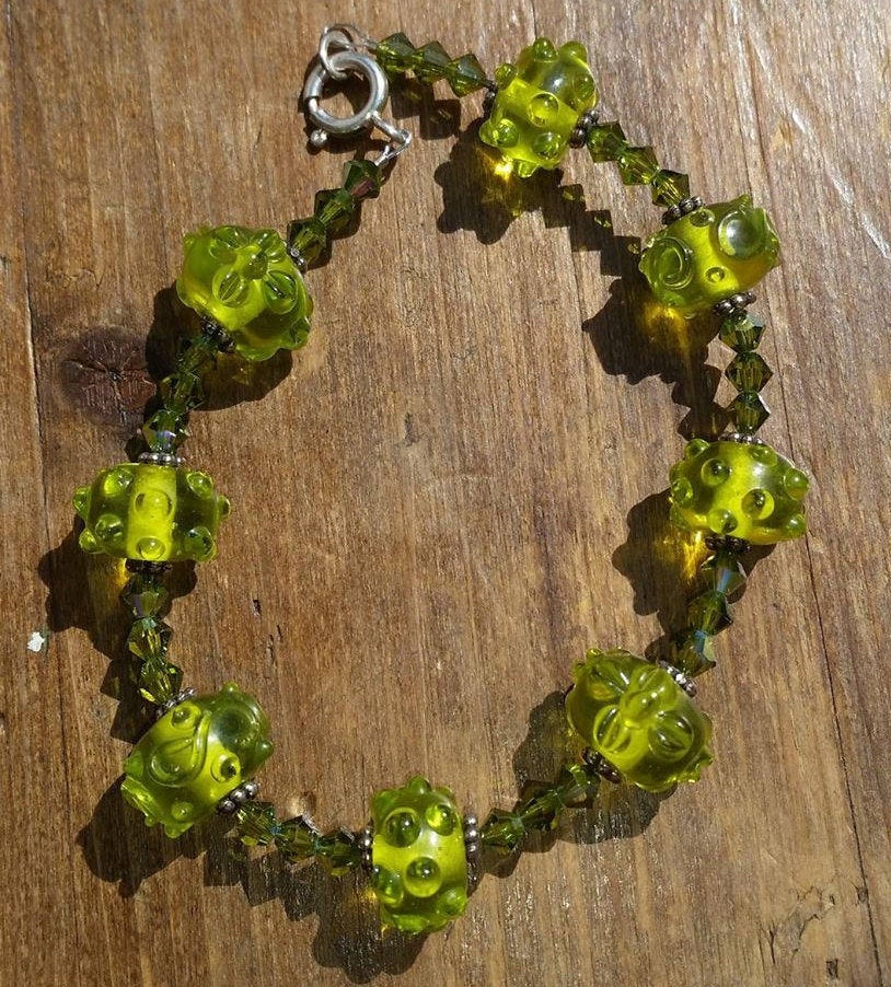 Olive Green Lampwork Glass Bracelet with Swarovski Crystals