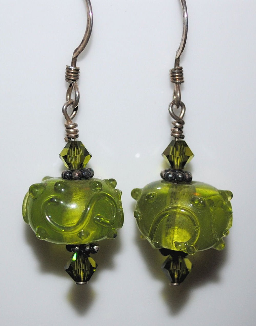 Olivine Green Lampworked Glass Earrings with Swarovski Crystals and Sterling Silver Bali Beads