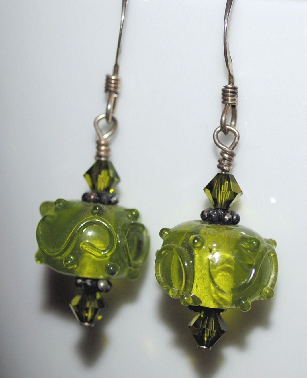 Olivine Green Lampworked Glass Earrings with Swarovski Crystals and Sterling Silver Bali Beads