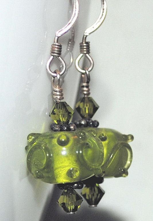 Olivine Green Lampworked Glass Earrings with Swarovski Crystals and Sterling Silver Bali Beads