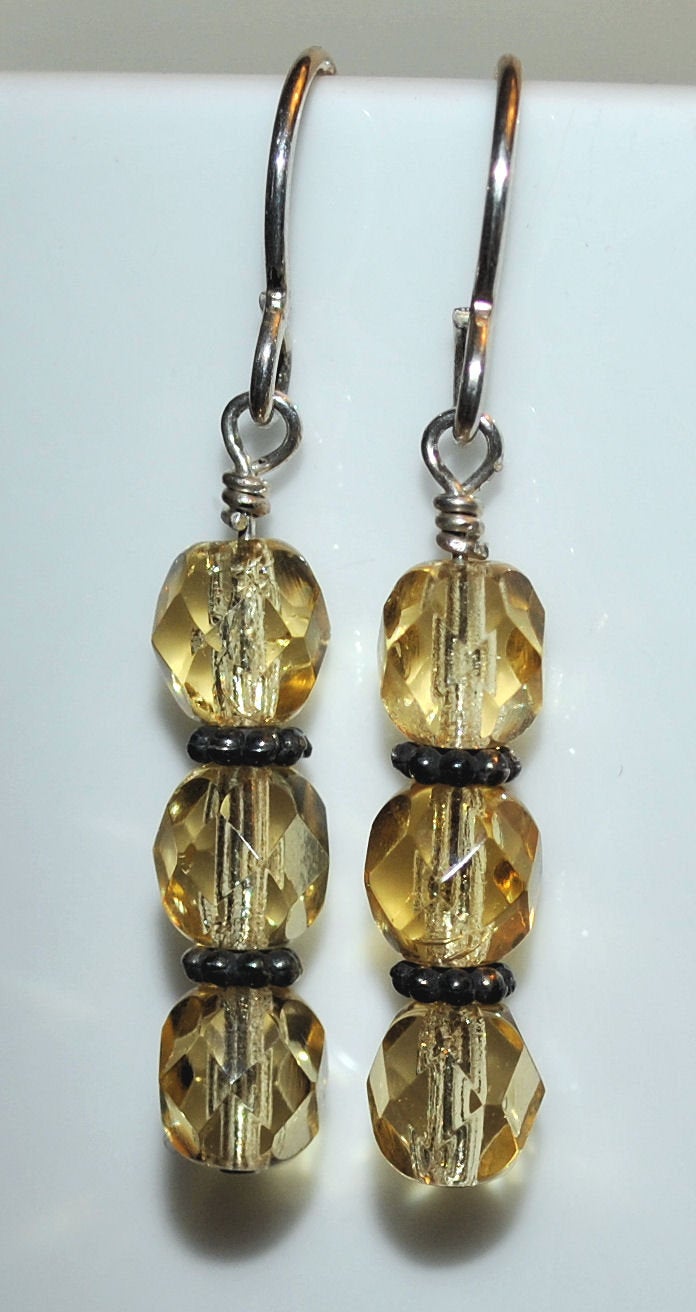 Champagne Czech Glass Earrings with Sterling Silver Bali Beads