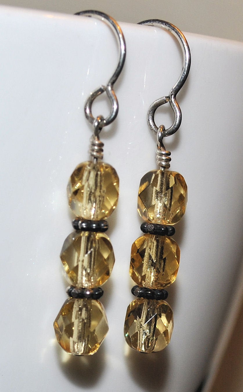 Champagne Czech Glass Earrings with Sterling Silver Bali Beads