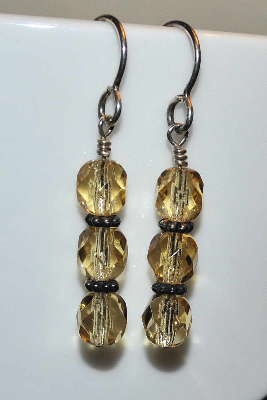 Champagne Czech Glass Earrings with Sterling Silver Bali Beads