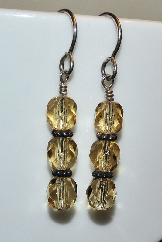Champagne Czech Glass Earrings with Sterling Silver Bali Beads