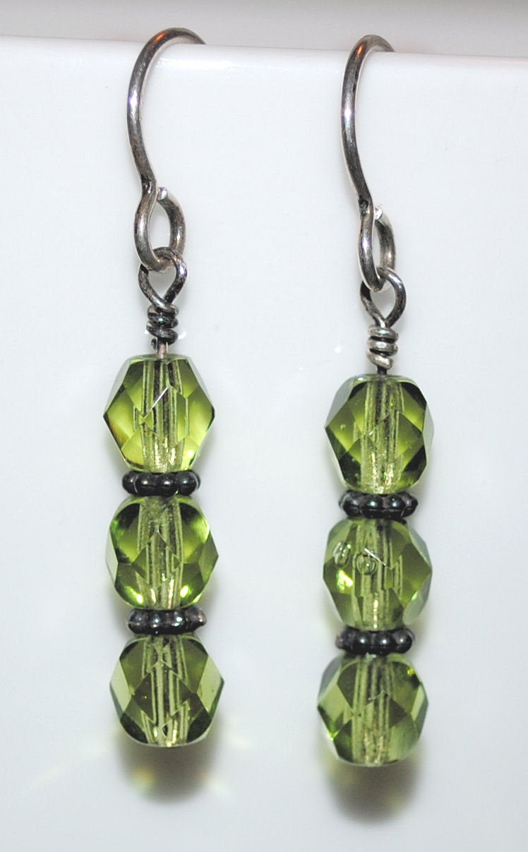 Olivine Czech Glass Earrings with Sterling Silver Bali Beads