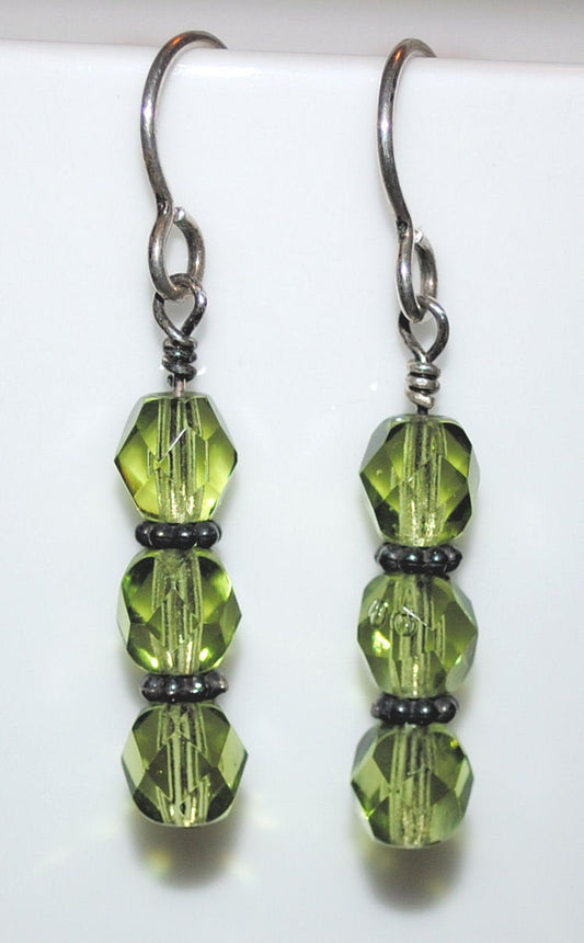 Olivine Czech Glass Earrings with Sterling Silver Bali Beads