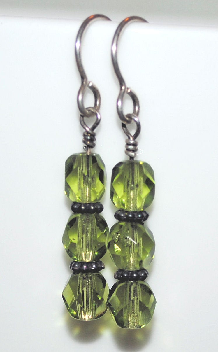Olivine Czech Glass Earrings with Sterling Silver Bali Beads