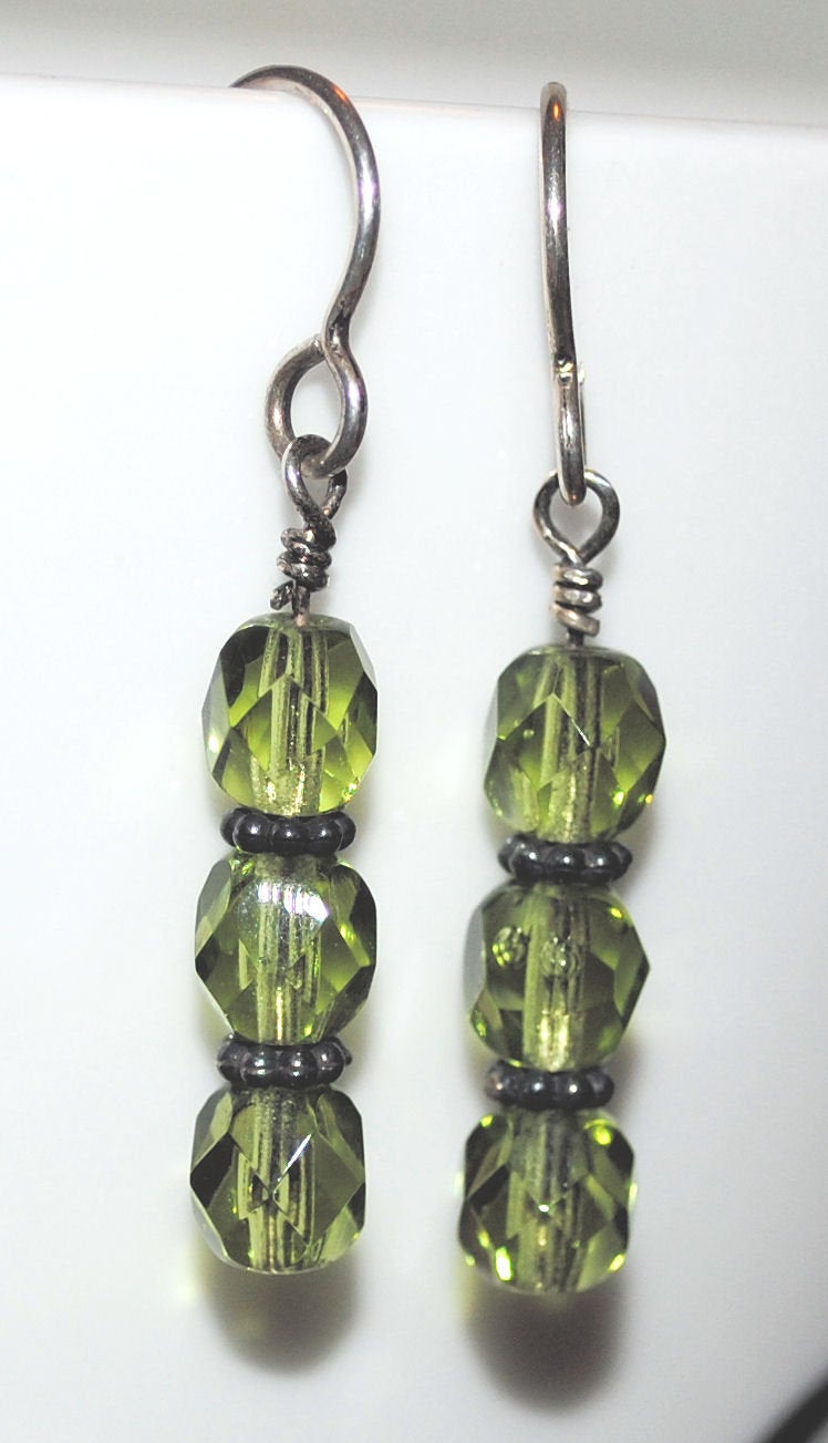 Olivine Czech Glass Earrings with Sterling Silver Bali Beads