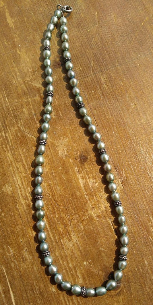 Pale Teal Freshwater Pearl Necklace with Sterling Silver Bali Beads