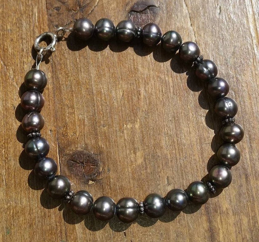 Peacock Pearl Bracelet with Sterling Silver Bali Beads