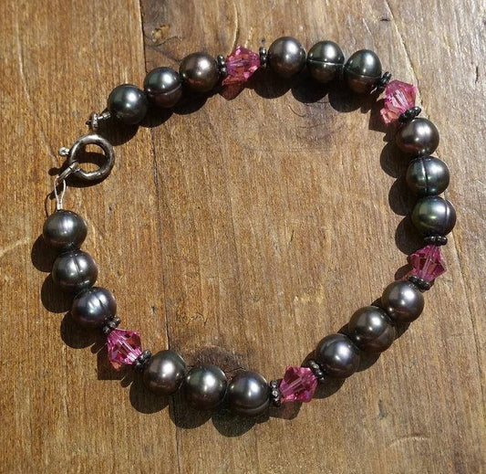 Peacock Pearls and Pink Swarovski Crystal Bracelet with Sterling Silver Bali Beads