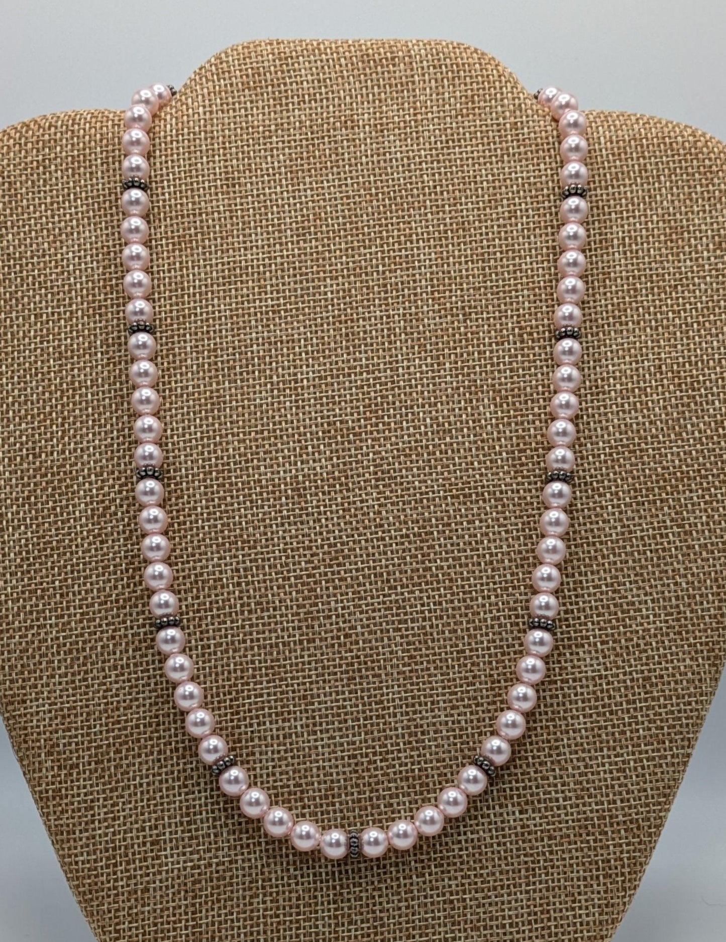 Pink Swarovski Crystal Pearl Necklace with Sterling Silver Bali Beads