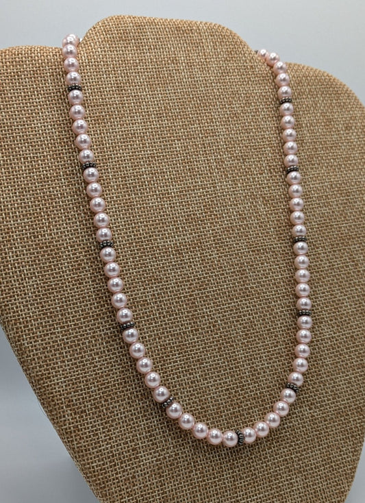 Pink Swarovski Crystal Pearl Necklace with Sterling Silver Bali Beads