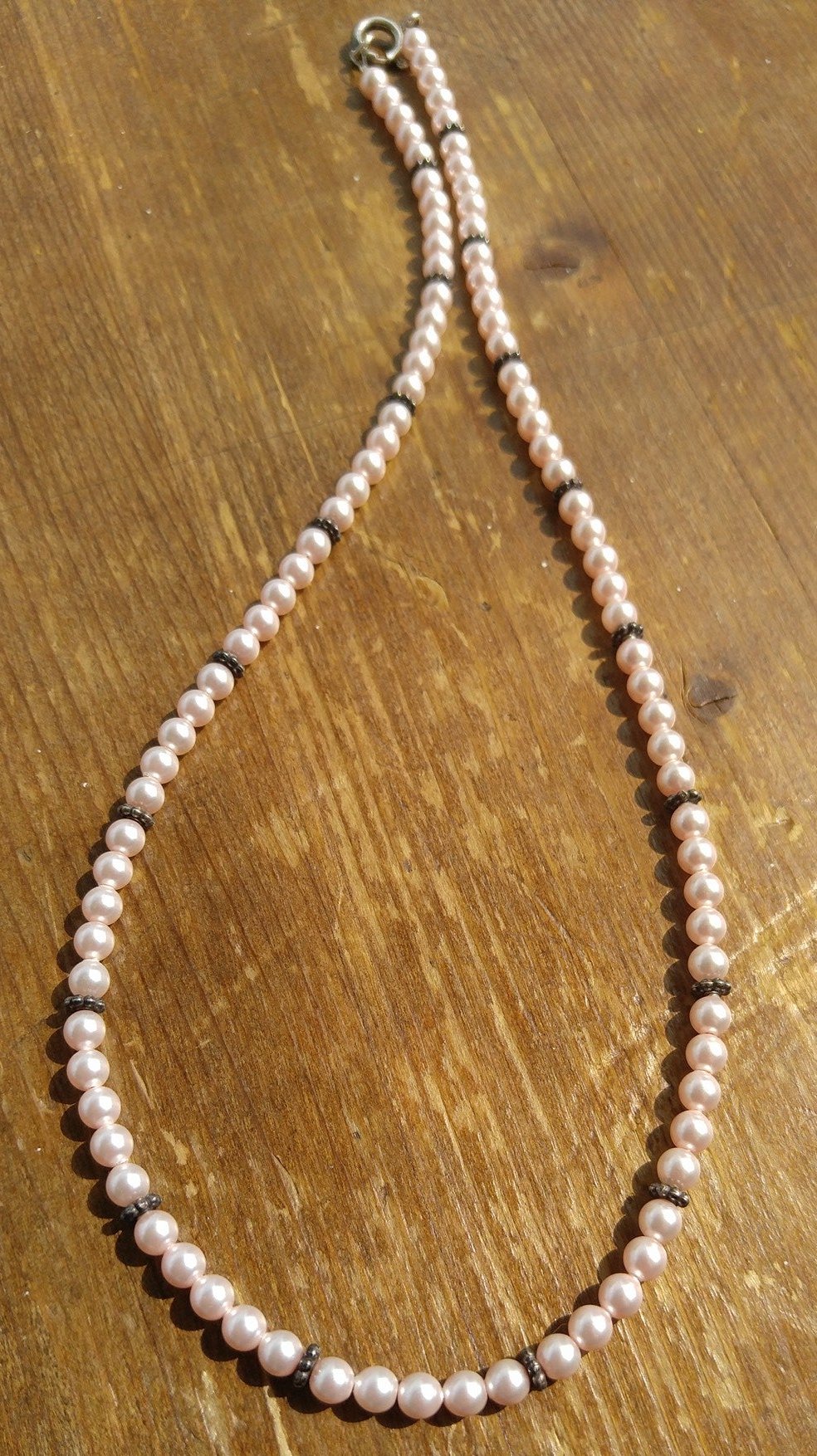 Pink Swarovski Crystal Pearl Necklace with Sterling Silver Bali Beads