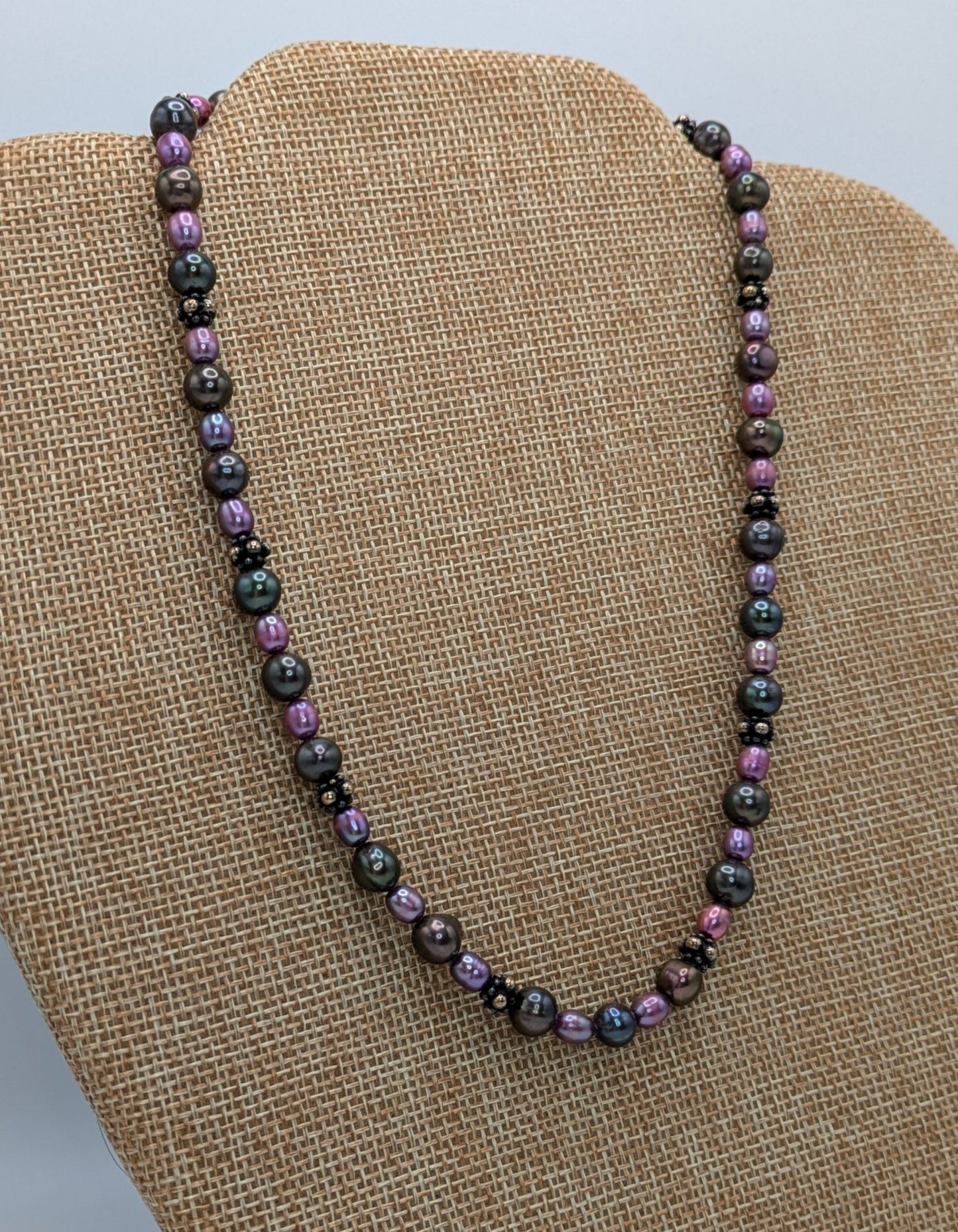 Pink and Peacock Freshwater Pearl Necklace with Sterling Silver Bali Beads