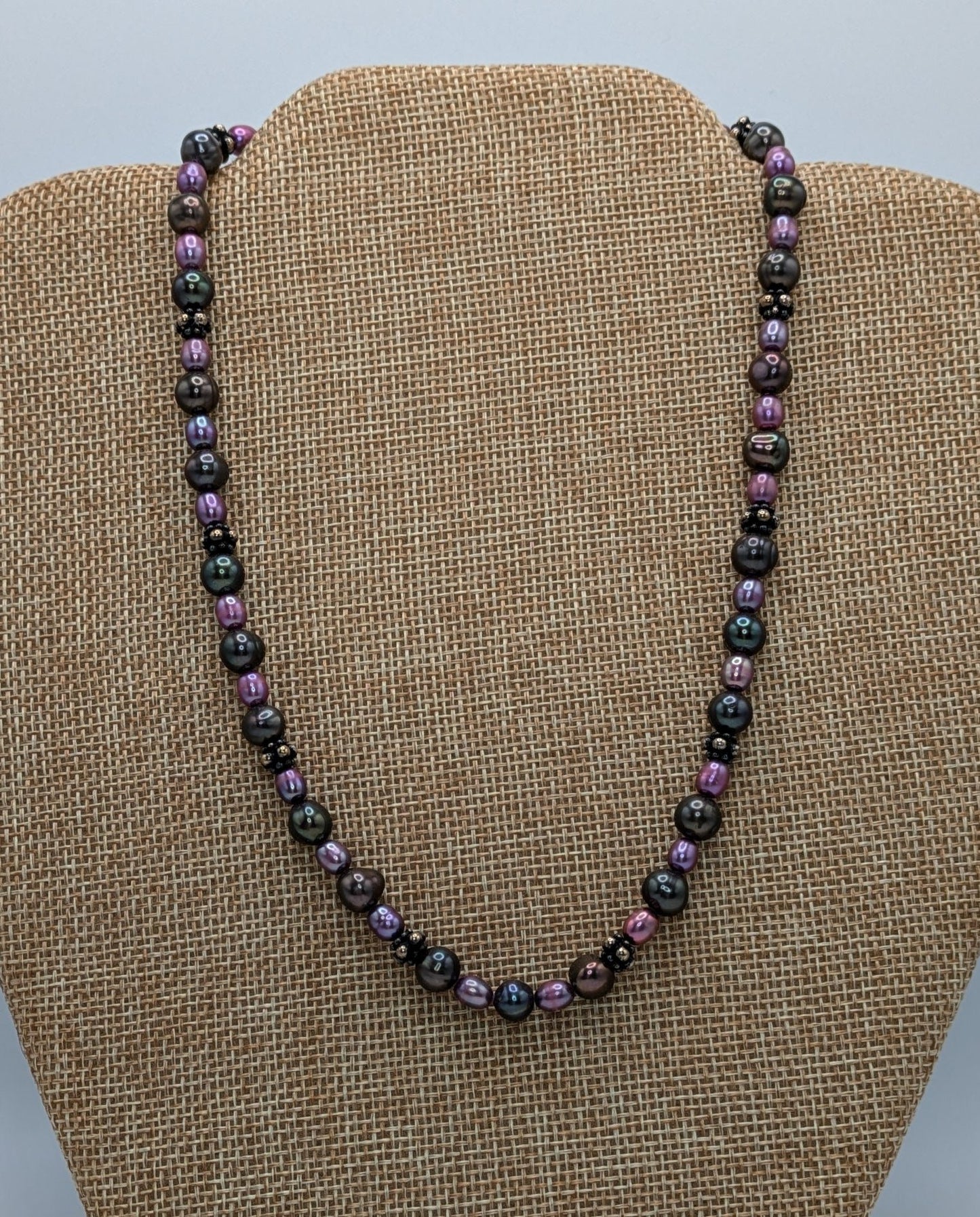 Pink and Peacock Freshwater Pearl Necklace with Sterling Silver Bali Beads