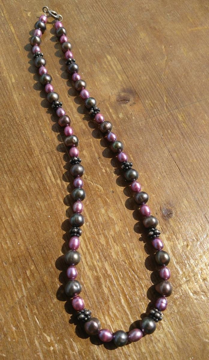 Pink and Peacock Freshwater Pearl Necklace with Sterling Silver Bali Beads