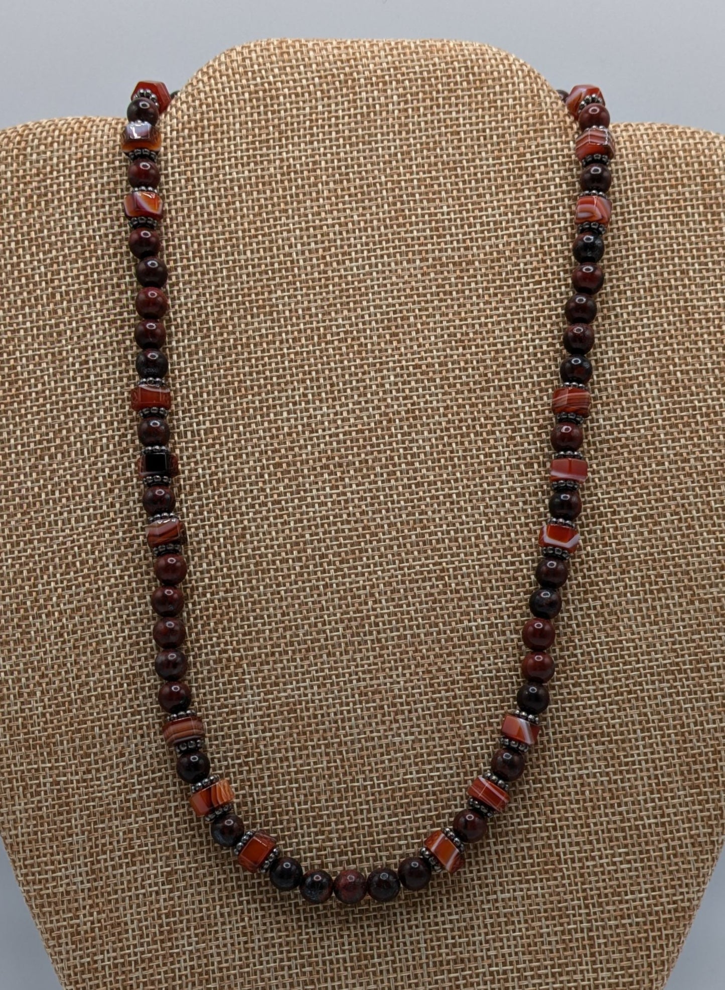 Poppy Jasper and Carnelian Necklace with Sterling Silver Bali Beads