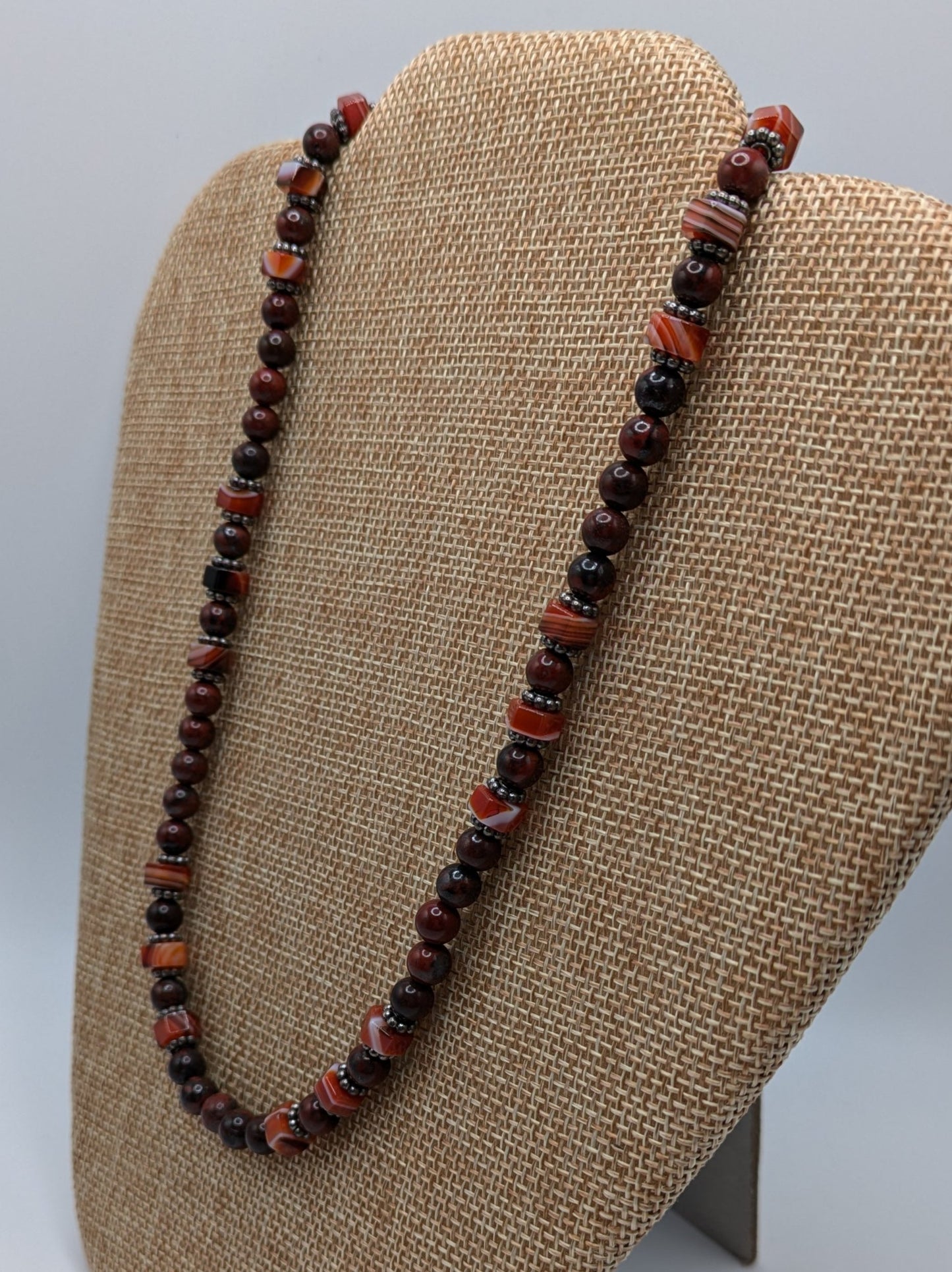 Poppy Jasper and Carnelian Necklace with Sterling Silver Bali Beads