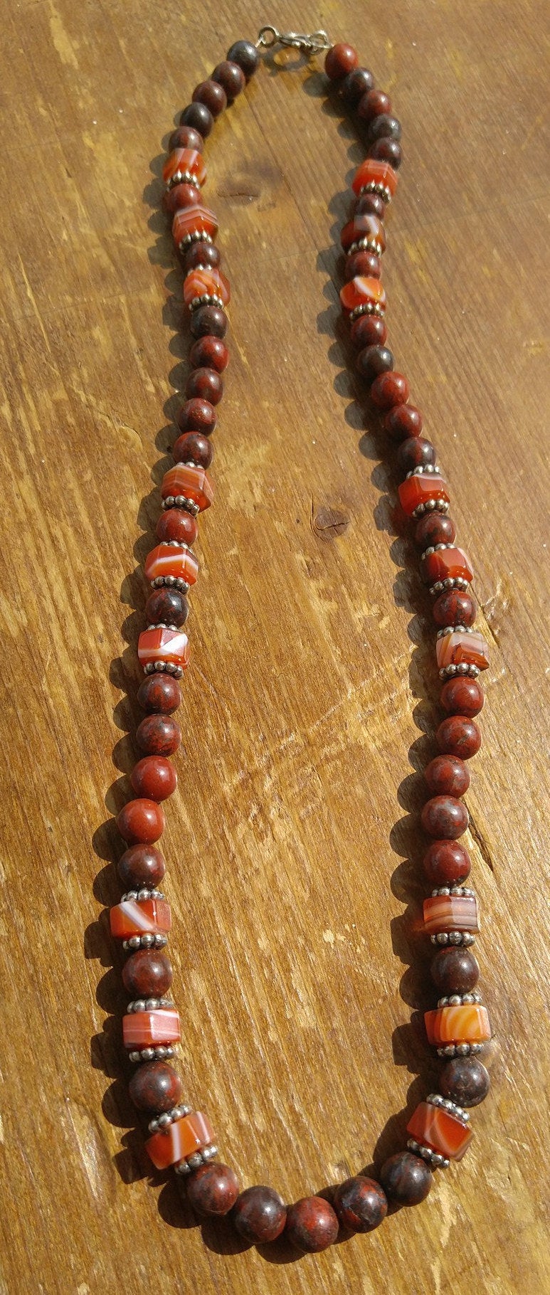 Poppy Jasper and Carnelian Necklace with Sterling Silver Bali Beads