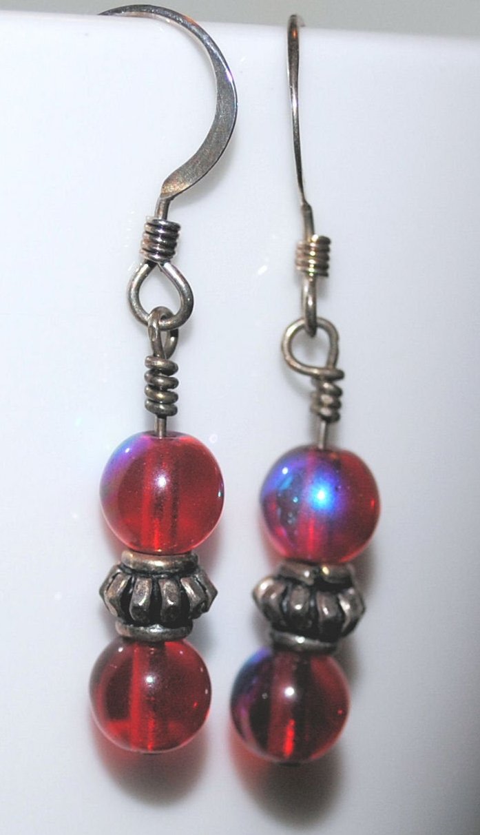 Red Czech Glass Earrings with Sterling Silver Bali Beads