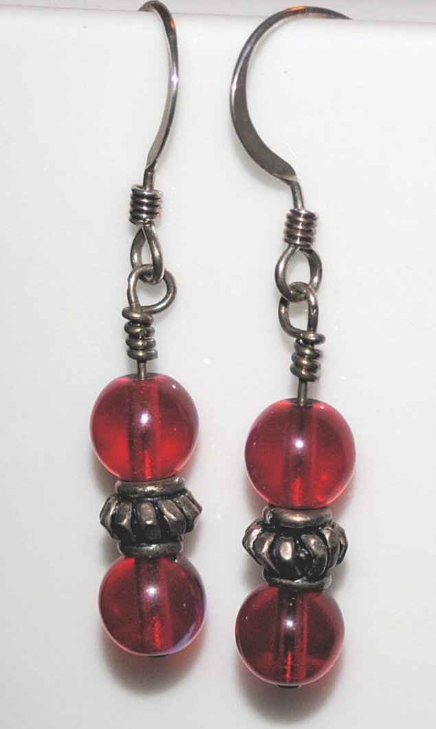 Red Czech Glass Earrings with Sterling Silver Bali Beads