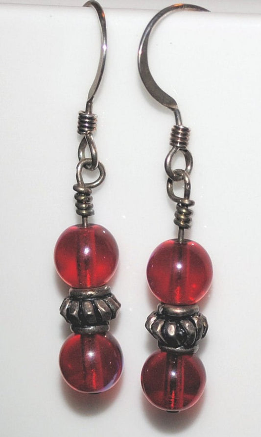 Red Czech Glass Earrings with Sterling Silver Bali Beads