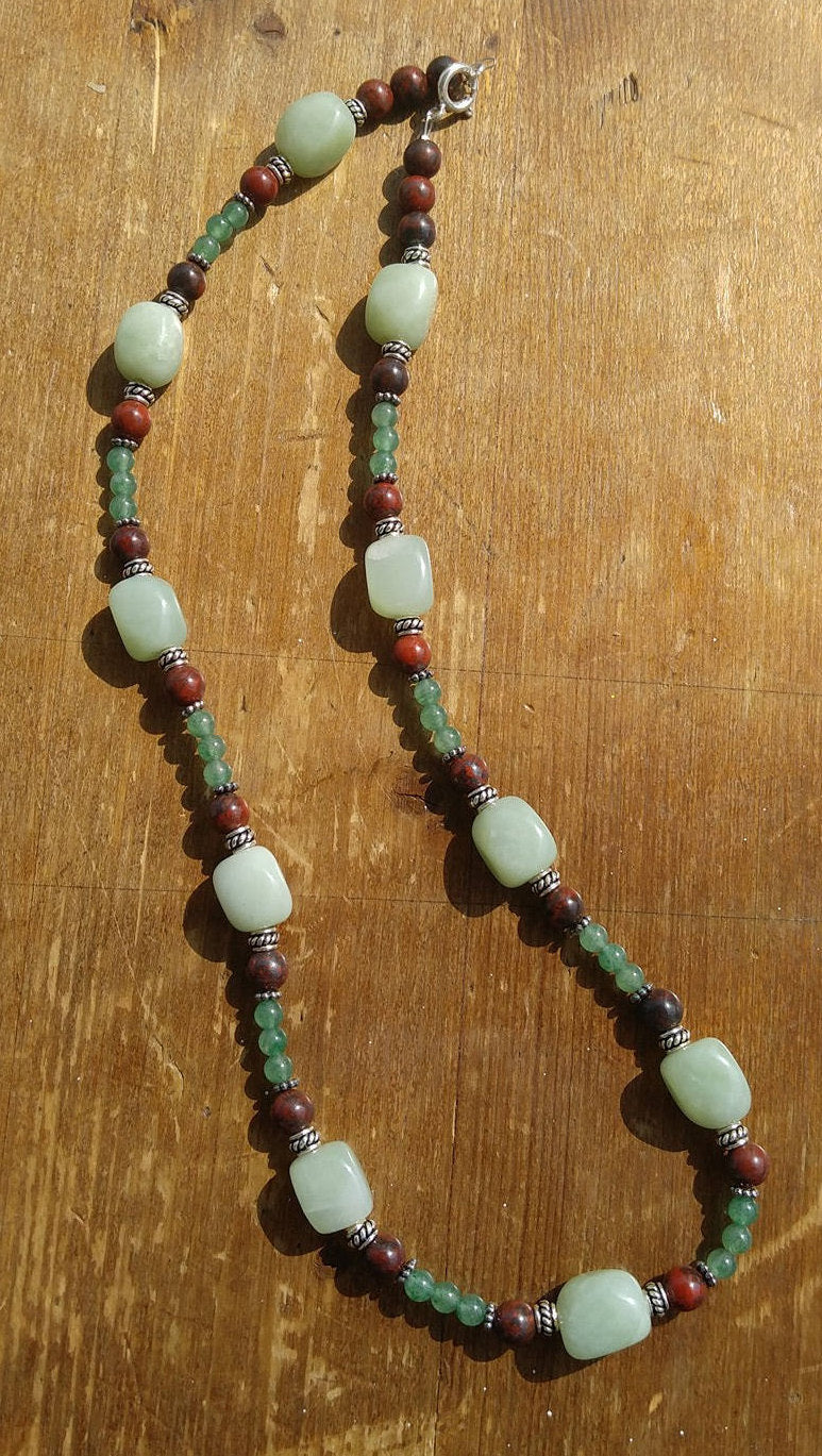Serpentine, Aventurine, and Poppy Jasper Necklace with Sterling Silver Bali beads