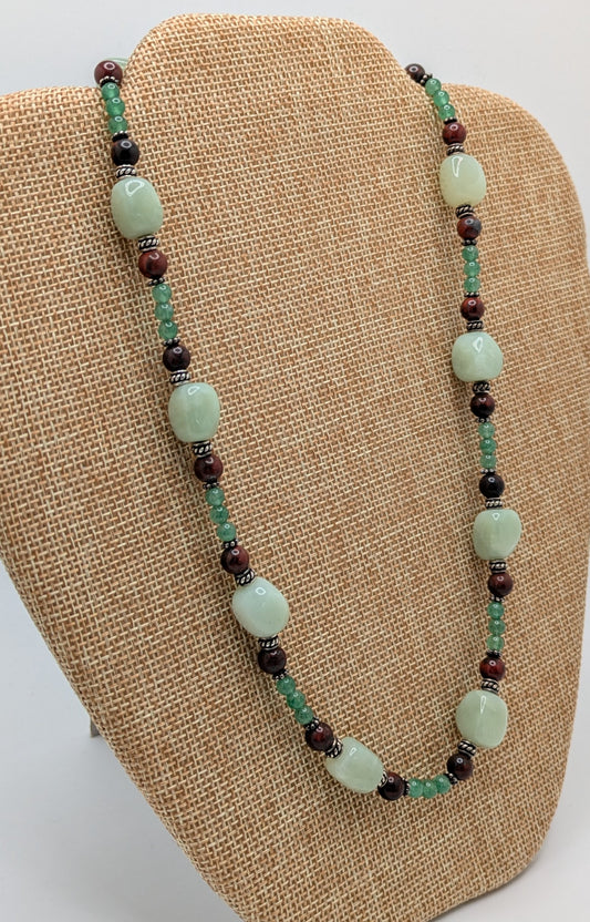 Serpentine, Aventurine, and Poppy Jasper Necklace with Sterling Silver Bali beads