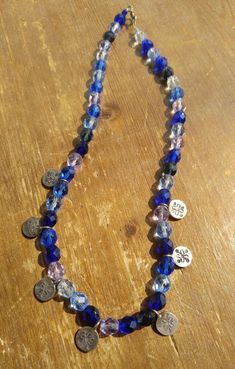 Shades of Blue Czech Glass Necklace with Sterling Silver Medallions