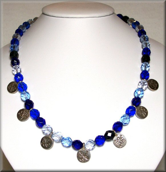 Shades of Blue Czech Glass Necklace with Sterling Silver Medallions