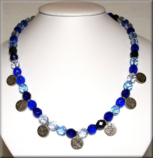 Shades of Blue Czech Glass Necklace with Sterling Silver Medallions