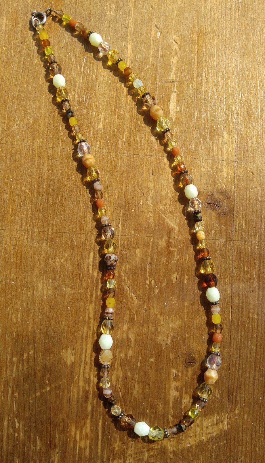 Shades of Gold and Yellow Czech Glass Necklace with Sterling Silver Bali Beads